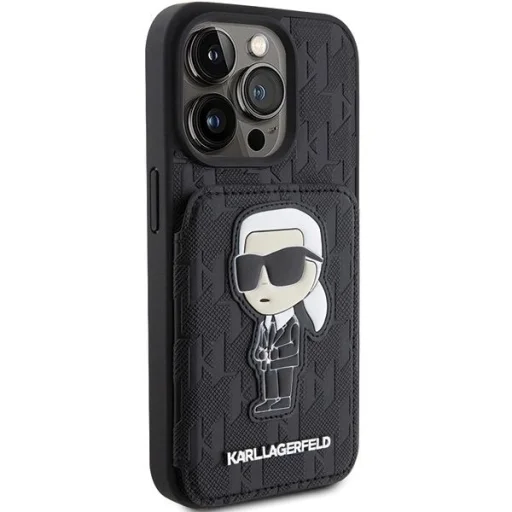  iPhone 15 Pro Max fekete Karl Lagerfeld Saffiano Cardslots és Állványos Monogram Ikonik Patch tok - 4