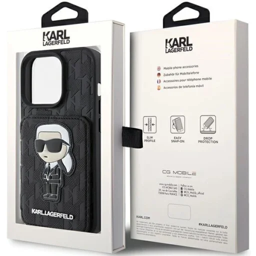  iPhone 15 Pro Karl Lagerfeld Saffiano Cardslots and Stand Monogram Ikonik Patch tok - fekete - 9