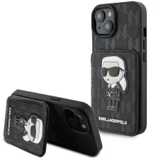  iPhone 15 Fekete Karl Lagerfeld Saffiano Cardslots és Állvány Monogram Ikonik Patch tok