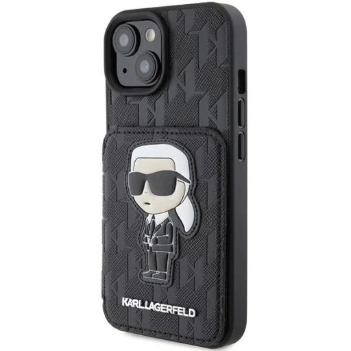  iPhone 15 Fekete Karl Lagerfeld Saffiano Cardslots és Állvány Monogram Ikonik Patch tok - 2