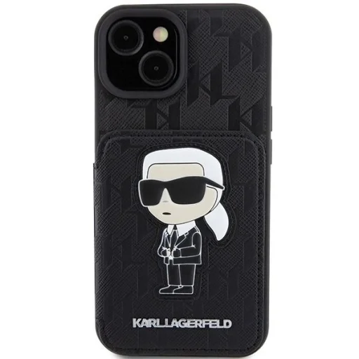 iPhone 15 Fekete Karl Lagerfeld Saffiano Cardslots és Állvány Monogram Ikonik Patch tok - 3