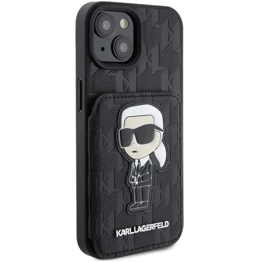  iPhone 15 Fekete Karl Lagerfeld Saffiano Cardslots és Állvány Monogram Ikonik Patch tok - 4