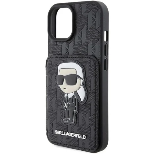  iPhone 15 Fekete Karl Lagerfeld Saffiano Cardslots és Állvány Monogram Ikonik Patch tok - 6