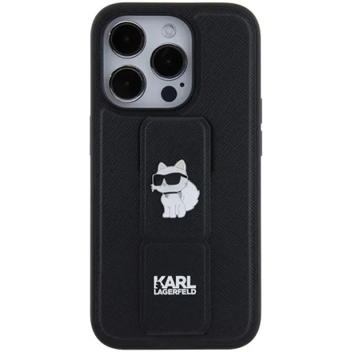  iPhone 15 Pro fekete Karl Lagerfeld Gripstand Saffiano Choupette Pins tok - 4