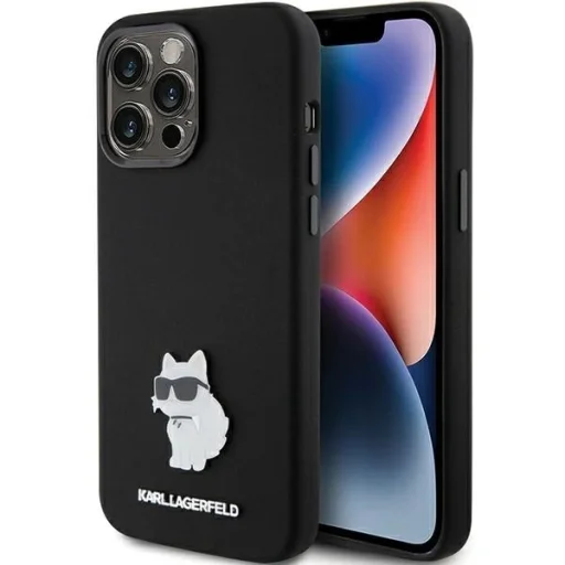  iPhone 15 Pro Max Karl Lagerfeld Szilikon Choupette Metal Pin tok - fekete - 1