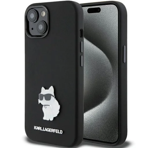  iPhone 15 Plus / 14 Plus fekete Karl Lagerfeld Silicone Choupette Metal Pin tok - 1
