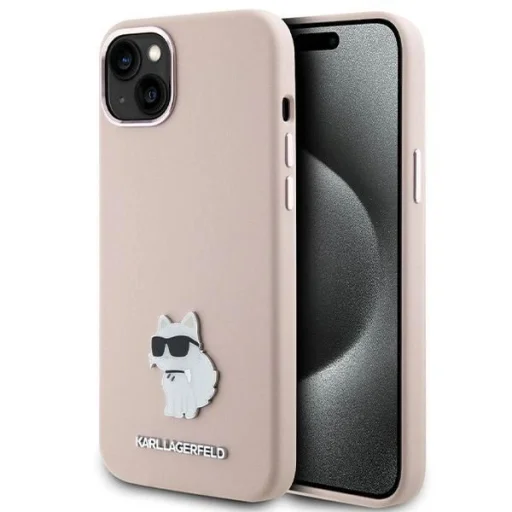  iPhone 15 Plus / 14 Plus Rózsaszín Karl Lagerfeld Szilikon Choupette Metal Pin tok - 1