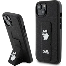  iPhone 15 Karl Lagerfeld Gripstand Saffiano Choupette Pins tok - fekete