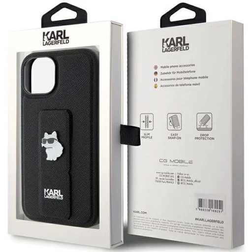  iPhone 15 Karl Lagerfeld Gripstand Saffiano Choupette Pins tok - fekete - 8