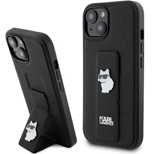  iPhone 15 Karl Lagerfeld Gripstand Saffiano Choupette Pins tok - fekete - 1