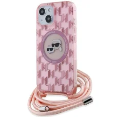  iPhone 15 rózsaszín Karl Lagerfeld IML Crossbody Monogram Karl & Choupette Head MagSafe tok