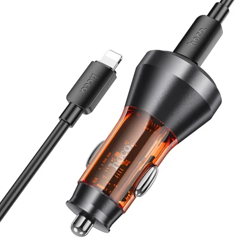 HOCO autós töltő 2 x Type C digitális kijelzővel + Type C to Lightning kábel PD QC3.0 3A 60W átlátszó narancs - 2