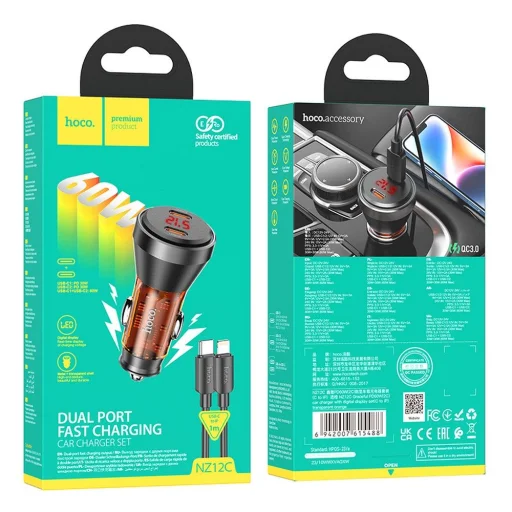 HOCO autós töltő 2 x Type C digitális kijelzővel + Type C to Lightning kábel PD QC3.0 3A 60W átlátszó narancs - 4