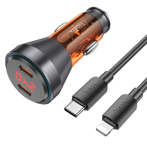 HOCO autós töltő 2 x Type C digitális kijelzővel + Type C to Lightning kábel PD QC3.0 3A 60W átlátszó narancs - 1