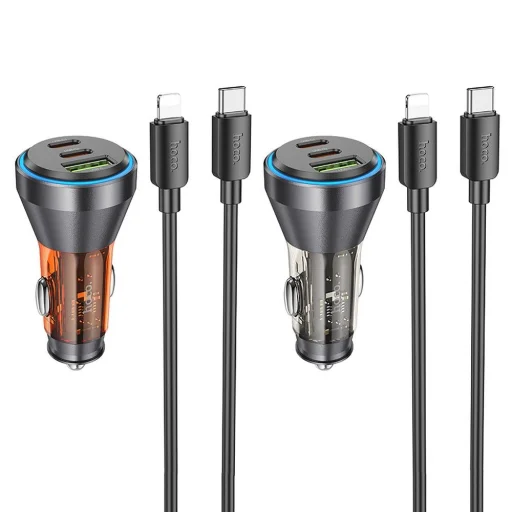 HOCO autós töltő USB A + 2 x Type C + kábel Type C - Lightning PD QC3.0 3A 60W NZ12D átlátszó narancssárga - 2