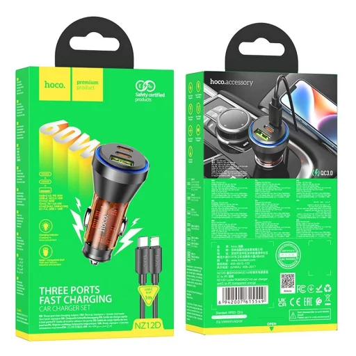 HOCO autós töltő USB A + 2 x Type C + kábel Type C - Lightning PD QC3.0 3A 60W NZ12D átlátszó narancssárga - 4