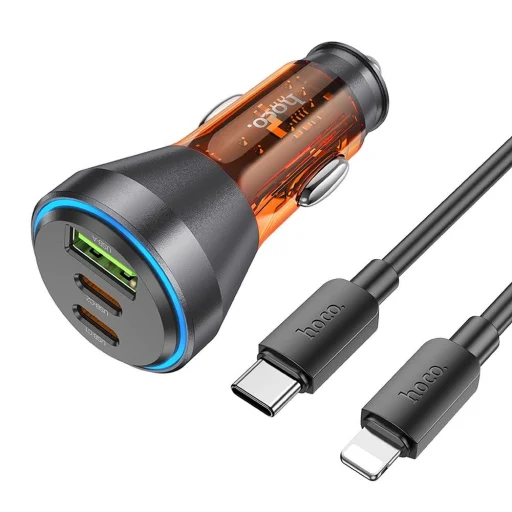 HOCO autós töltő USB A + 2 x Type C + kábel Type C - Lightning PD QC3.0 3A 60W NZ12D átlátszó narancssárga - 1