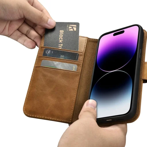 iCarer Olajozott Bőr Pénztárca 2in1 Fliptok iPhone 14 Pro Anti-RFID Barna Tok - 12