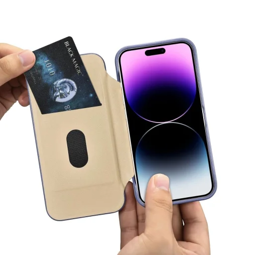 iCarer CE Prémium Bőr Fliptok iPhone 14 Pro Mágneses Bőr Fliptok MagSafe Világoslila tok - 19