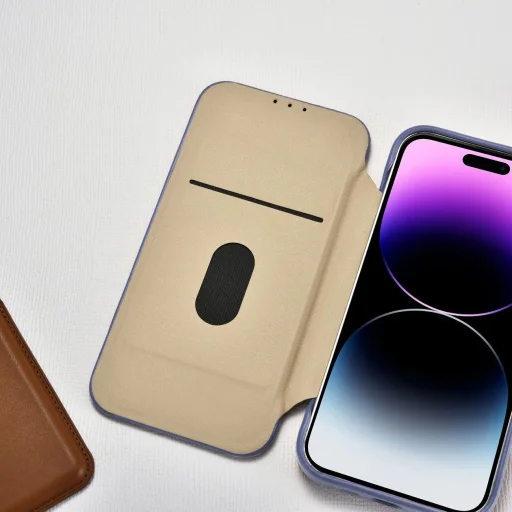 iCarer CE Prémium Bőr Fliptok iPhone 14 Pro Mágneses Bőr Fliptok MagSafe Világoslila tok - 21