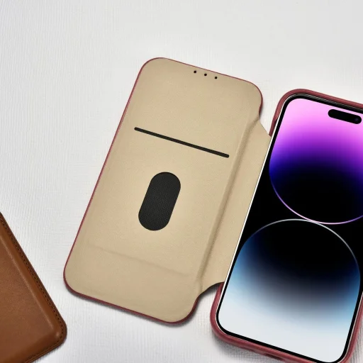 iCarer CE Prémium Bőr Folio Tok iPhone 14 Pro Mágneses Flip Bőr Fliptok MagSafe Piros tok - 21