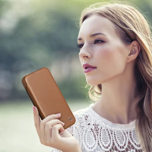 iCarer CE Premium bőrtok iPhone 14 Plus mágneses fliptok MagSafe barna tok - 27