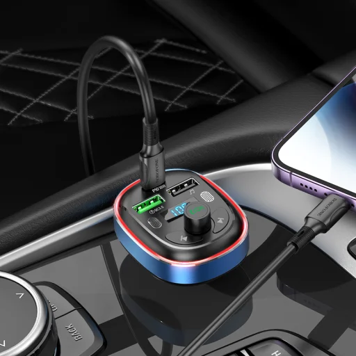 Borofone Transmitter FM BC47 Might MP3, Bluetooth - 2xUSB + Type C - QC 3.0 18W PD 30W kék - 4