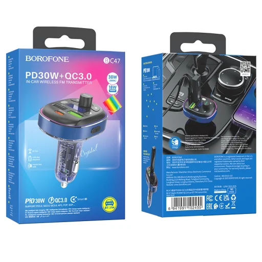 Borofone Transmitter FM BC47 Might MP3, Bluetooth - 2xUSB + Type C - QC 3.0 18W PD 30W kék - 5