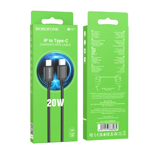 Borofone BX87 Sharp kábel - Type C - Lightning - PD 20W 1 méter fekete - 6