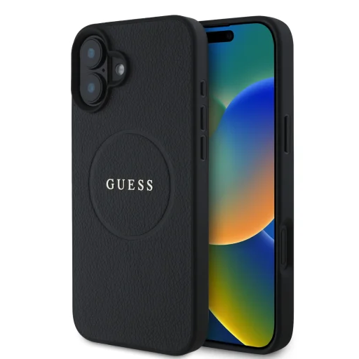  iPhone 16 Plus fekete Guess PU Grained Classic Logo MagSafe tok - 1