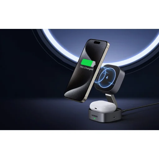 Qi indukciós töltő 2 az 1-ben iPhone és AirPods készülékekhez, Ugreen W256, 20W (fekete) + USB-C - USB-C kábel 1m - 5