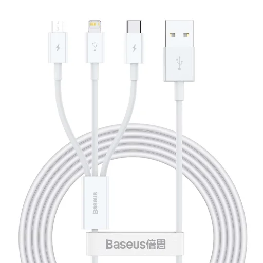 Baseus CAMLTYS-02 Superior Gyors Töltő- és Adatkábel 3in1 USB-C, Lightning, MicroUSB 1.5m Fehér - 1