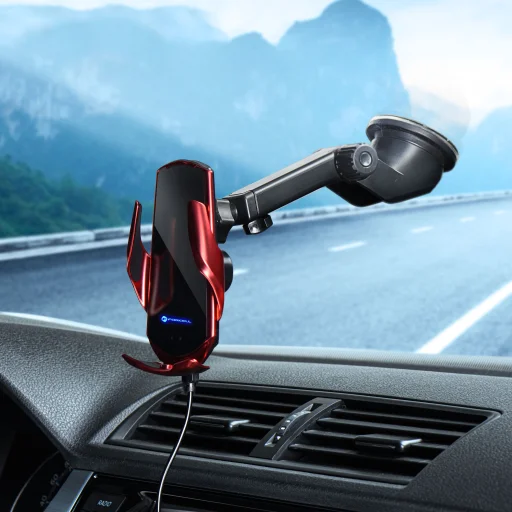 FORCELL autós tartó vezeték nélküli töltéssel, automatikus szenzorral + mágneses adapterek HS1 15W piros - 14