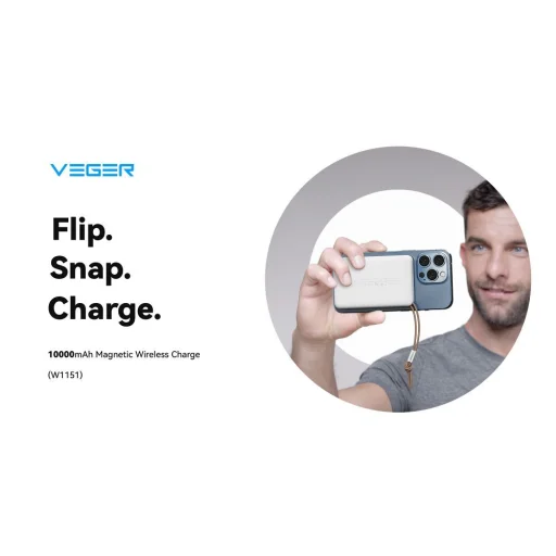 VEGER powerbank 10 000 mAh vezeték nélküli töltéssel MagSafe kompatibilitással PD QC3.0 2A 20W MagOn (VP1151 / W1151) fehér - 18