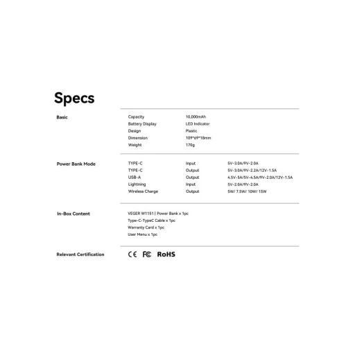 VEGER powerbank 10 000 mAh vezeték nélküli töltéssel MagSafe kompatibilitással PD QC3.0 2A 20W MagOn (VP1151 / W1151) fehér - 26