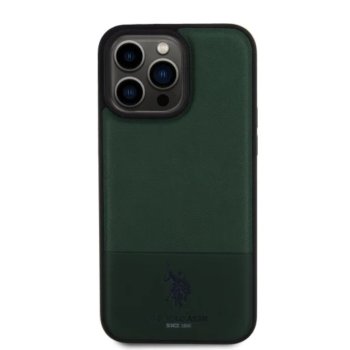 U.S. Polo PU Leather Mesh Pattern Double Horse tok iPhone 15 Pro Max - Zöld - 3