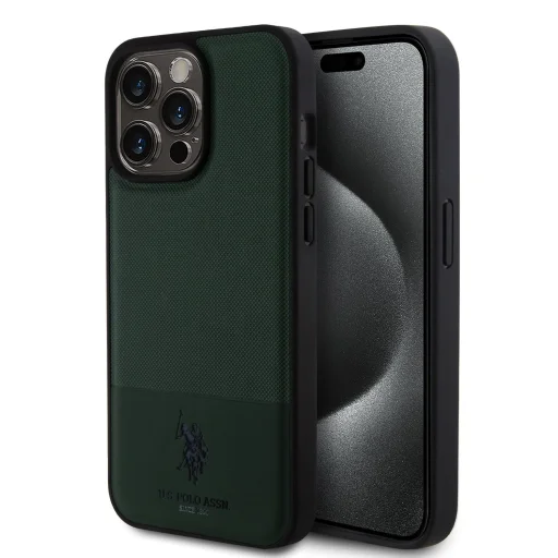 U.S. Polo PU Leather Mesh Pattern Double Horse tok iPhone 15 Pro Max - Zöld - 1