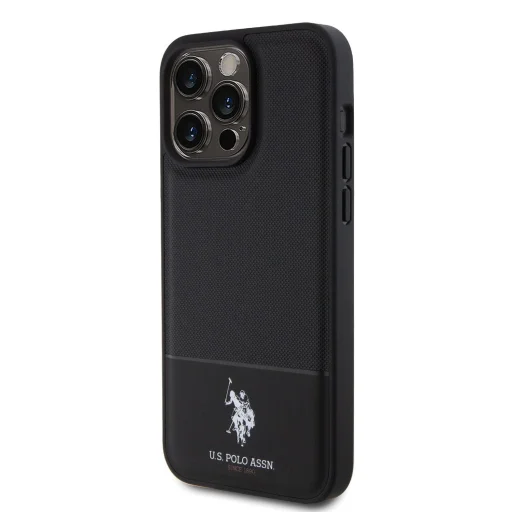U.S. Polo PU Leather Mesh Pattern Double Horse tok iPhone 15 Pro Black - 2