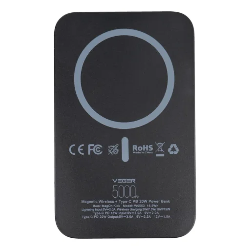 VEGER powerbank 5 000 mAh vezeték nélküli töltéssel kompatibilis MagSafe PD QC3.0 2A 20W MagOn Kick (V0553P / W0553P) fekete - 12