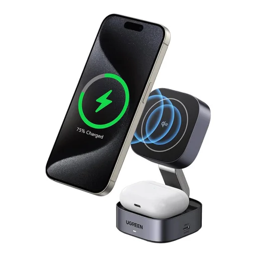 2 az 1-ben induktív Qi töltőállomás Ugreen W702 iPhone-hoz és AirPods-hoz, 15W (szürke) - 1