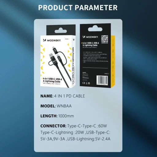 Wozinsky WNBAA 4 az 1-ben kábel 2x USB-C 1x USB-A 1x Lightning 60W 1 m - fekete - 4