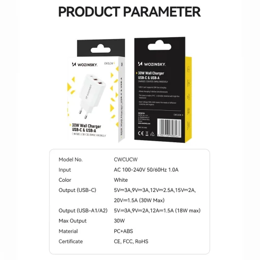 Wozinsky CWCUCW 30W USB-C / 2 x USB-A hálózati töltő - fehér - 5