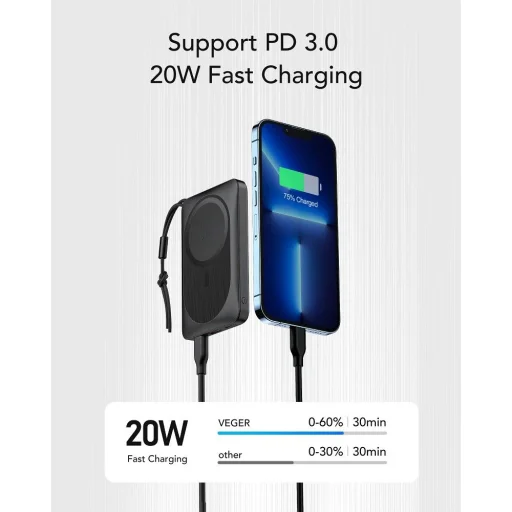 VEGER powerbank 10 000 mAh indukciós töltéssel kompatibilis MagSafe PD QC3.0 2A 20W MagOn (VP1151 / W1151) fekete - 4