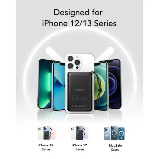 VEGER powerbank 10 000 mAh indukciós töltéssel kompatibilis MagSafe PD QC3.0 2A 20W MagOn (VP1151 / W1151) fekete - 8