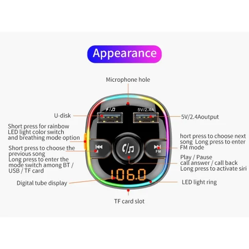 Transmiter FM MP3 Bluetooth 5.0 + kártya TF olvasó + 2xUSB QC3.0 BC52L - 17