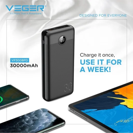 VEGER powerbank 30 000 mAh PD QC3.0 3A 20W L30 (W3008PD) fekete - 23