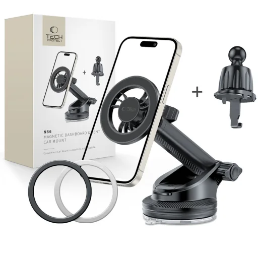 Tech-protect N56 Magnetic Magsafe Műszerfalra és Szellőzőre Szerelhető Autós Tartó, Fekete - 1