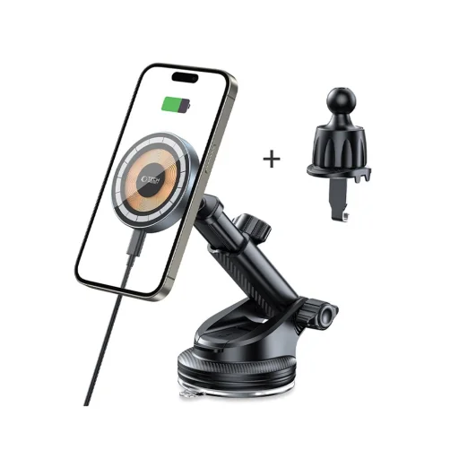 Tech-protect Mm15w-v5 Magnetikus Magsafe Műszerfalra és Szellőzőrácsra Rögzíthető Autós Telefontartó Vezeték Nélküli Töltő 15w Fekete - 2