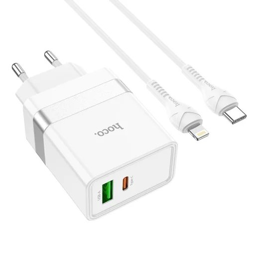 HOCO utazó töltő USB A + Type C + kábel Type C-ről Lightning-re PD QC3.0 3A 30W N21 fehér - 2