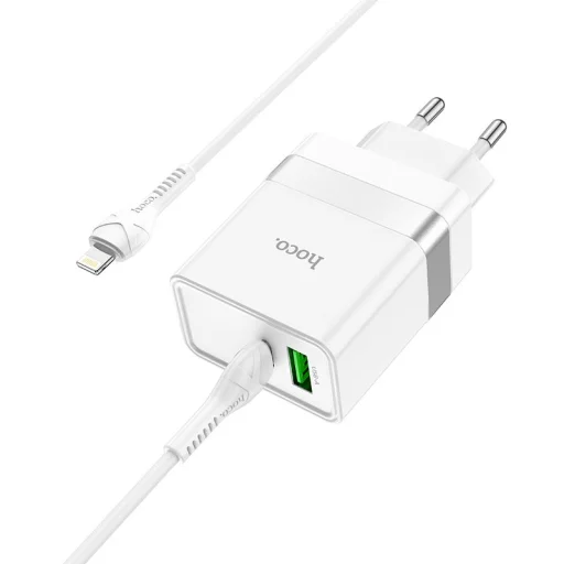 HOCO utazó töltő USB A + Type C + kábel Type C-ről Lightning-re PD QC3.0 3A 30W N21 fehér - 3
